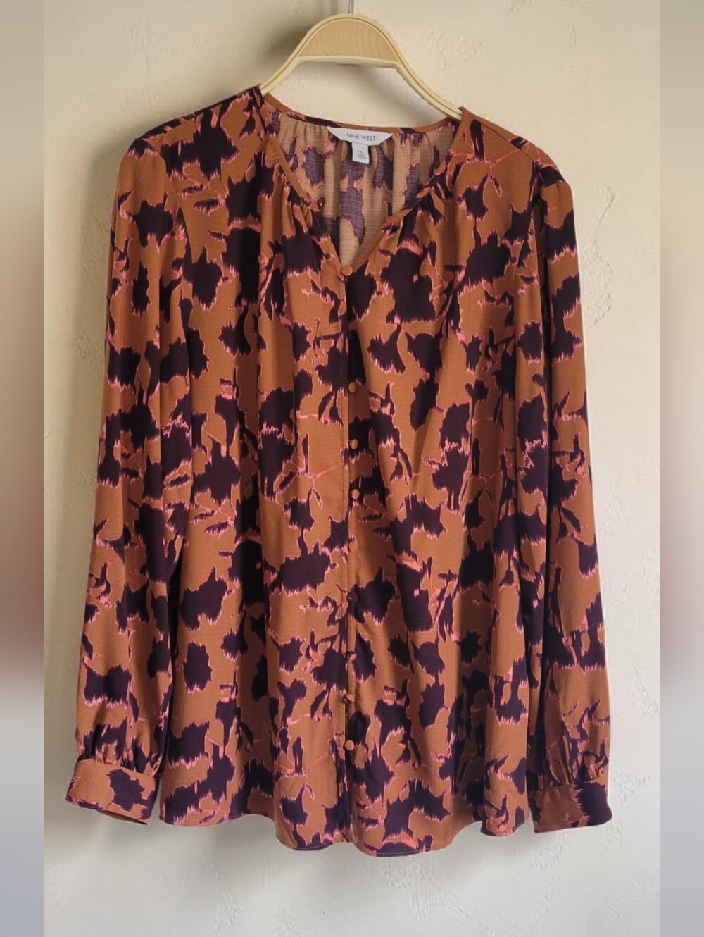 Nine West Rust Brown & Purple Abstract Button-Front Long Sleeve Blouse, XXL